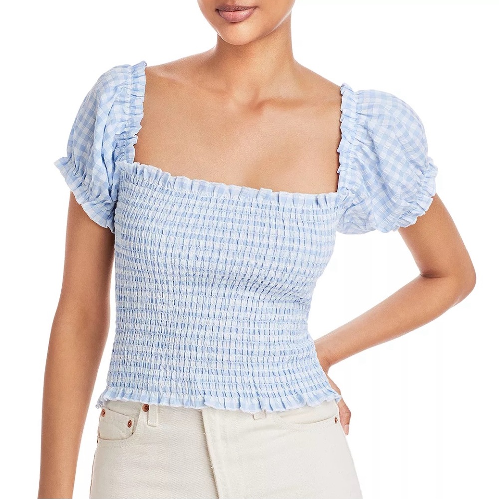 NWT CHASER Smocked Puff Sleeve Top Blue Gingham XS - Picture 2 of 6